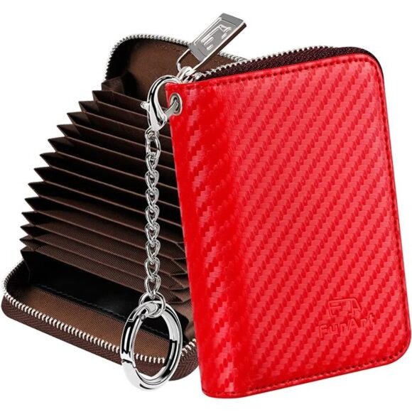 Zipper Card Cases Holder for Women, Carbon Fiber Red - Picture 1 of 7